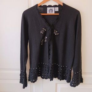 Storybook Knits Black V-Neck Embellished Crocheted Cardigan Size M